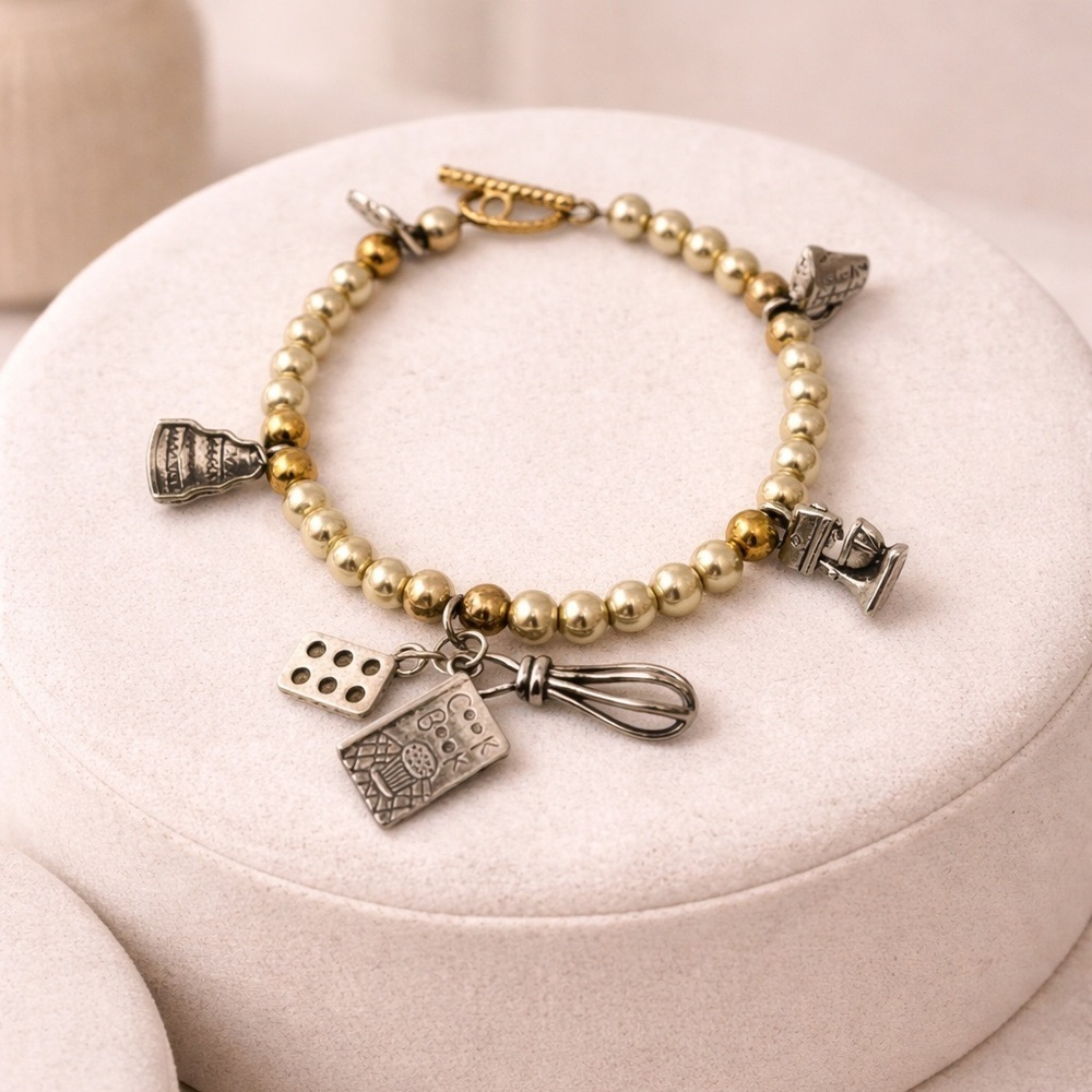 Bosch Mark VTG Pearl Charm Bracelet Gold & Silver Baking-Themed Beaded Bracelet